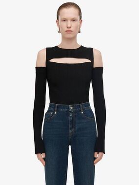 Alexander McQueen Black Ribbed Cutout Long Sleeve Top